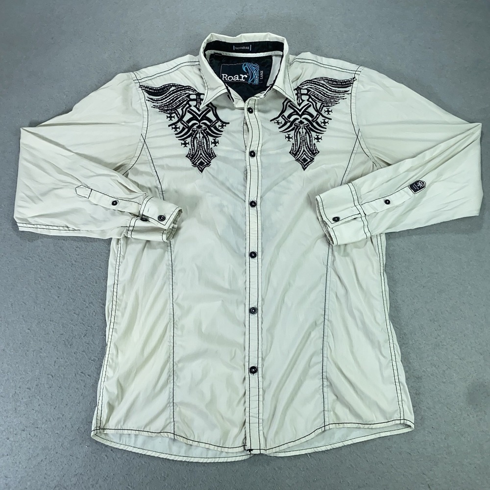 Roar Signature Button Up Embroidered Long Sleeve Shirt Mens L White Y2K Grunge